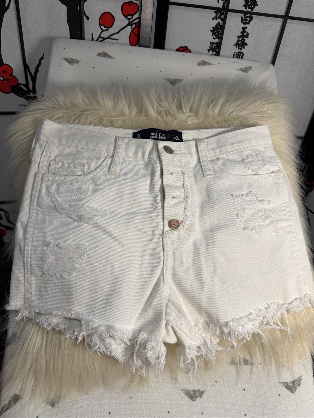 Hollister White Distressed High-Rise Denim Shorts